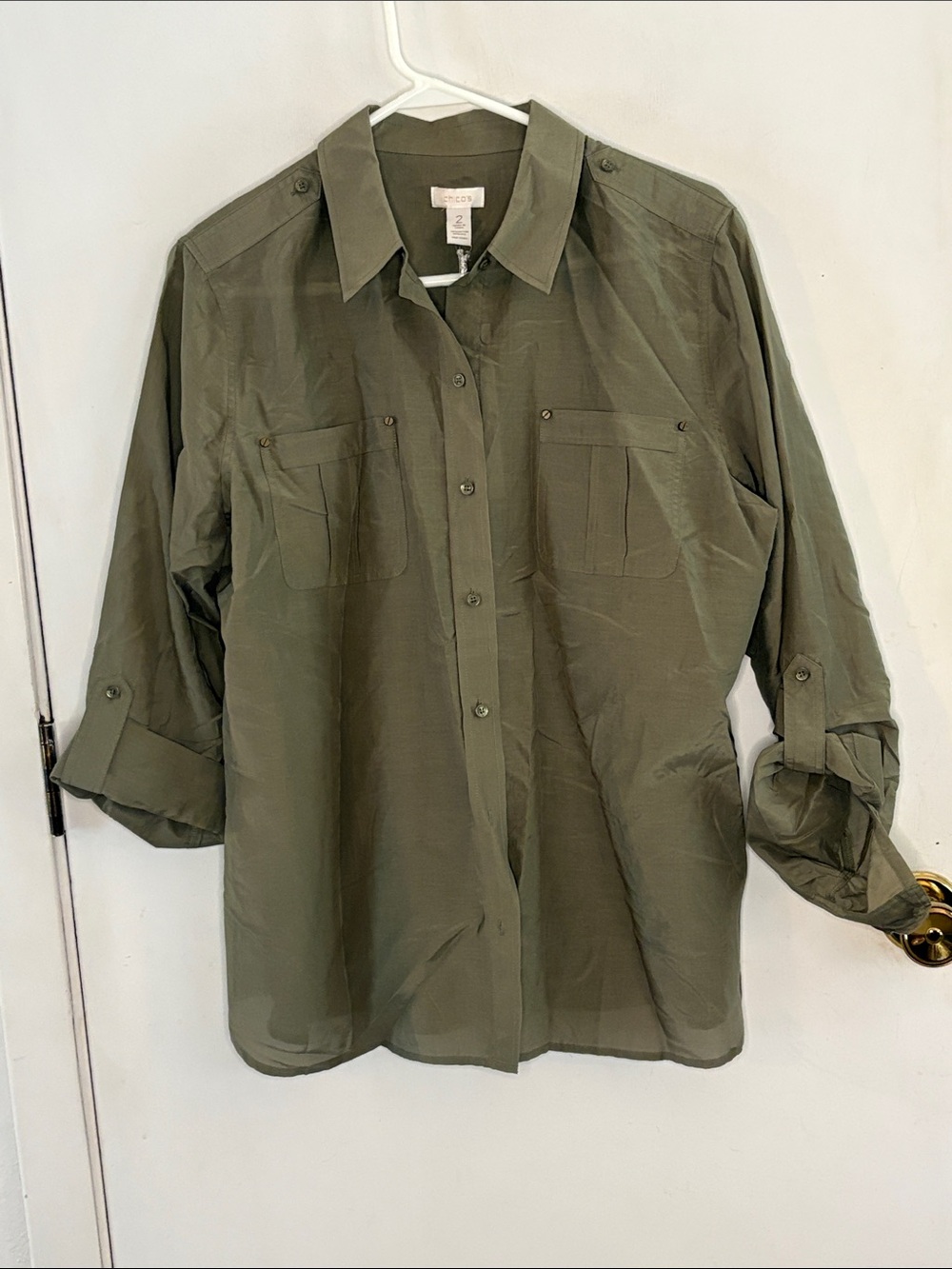 Chicos Lisa olive green utility ease long sleeve cotton silk shirt Size 12